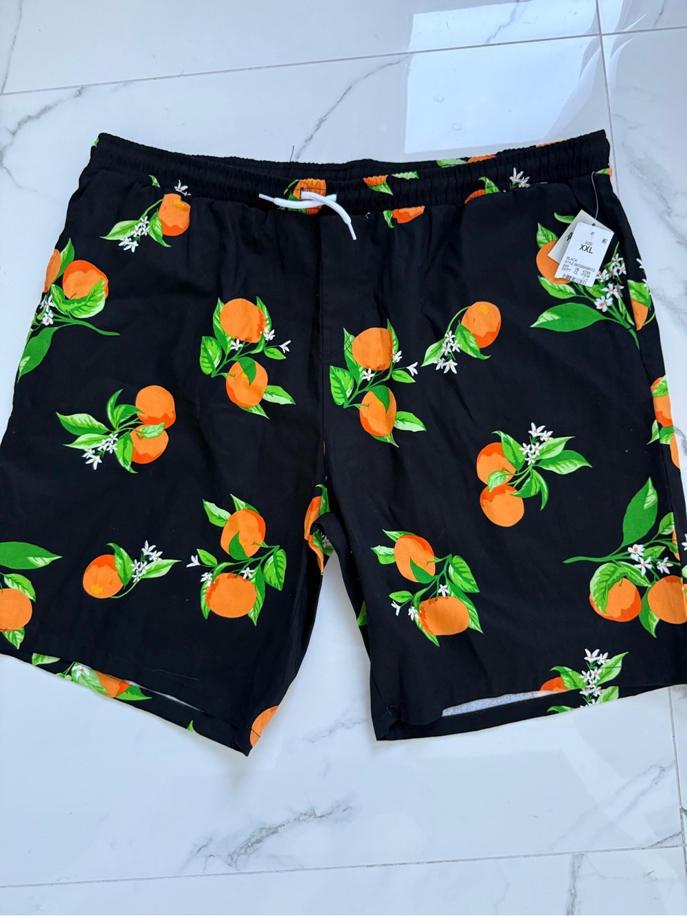 Men's Black Swim Trunks with Orange Fruit Print